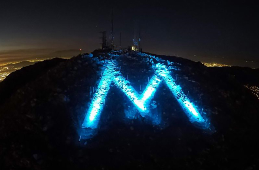 The Moreno Valley "M" lit blue.